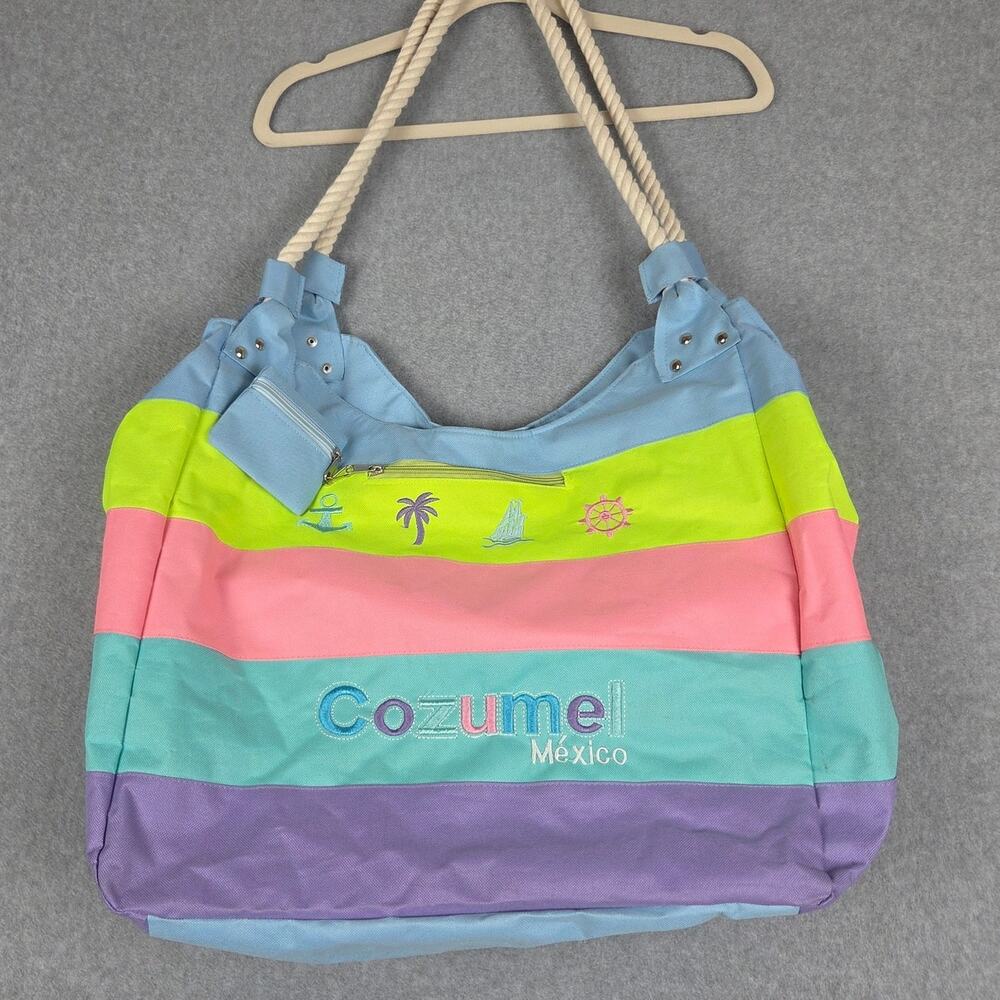 🌼Cozumel Mexico Tote Bag Stripe Rope Handles Zippered attached Coin Purse - Picture 1 of 15